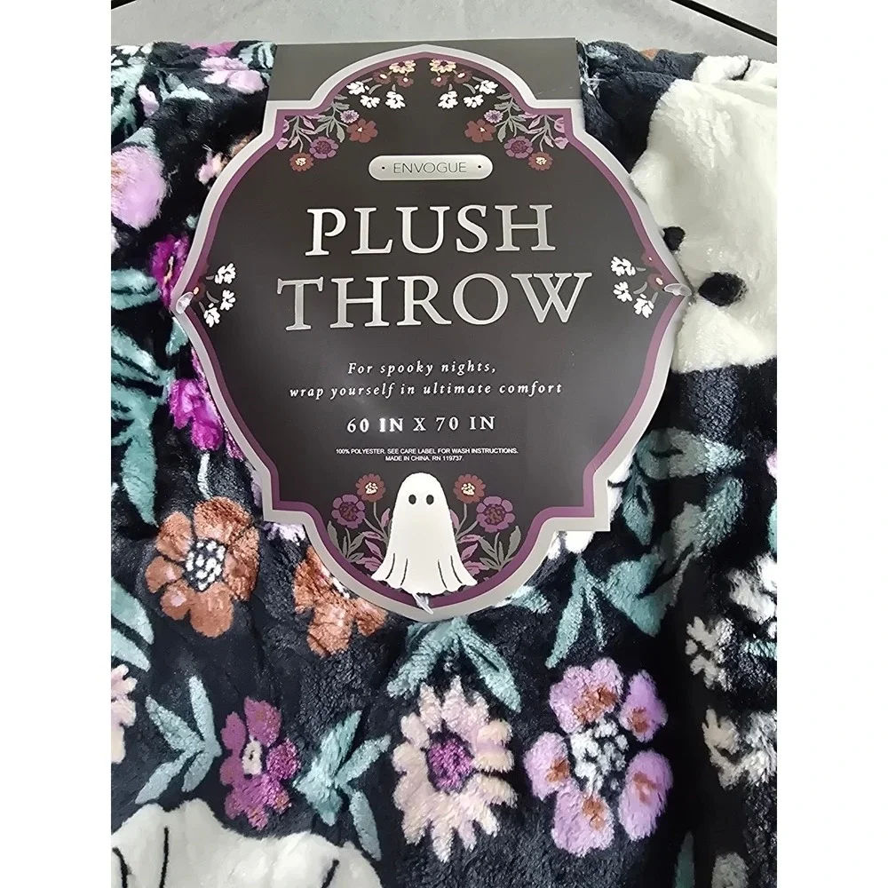 EnVogue Ghost Floral Plush Throw Blanket 60x70 Halloween NWT Cozy